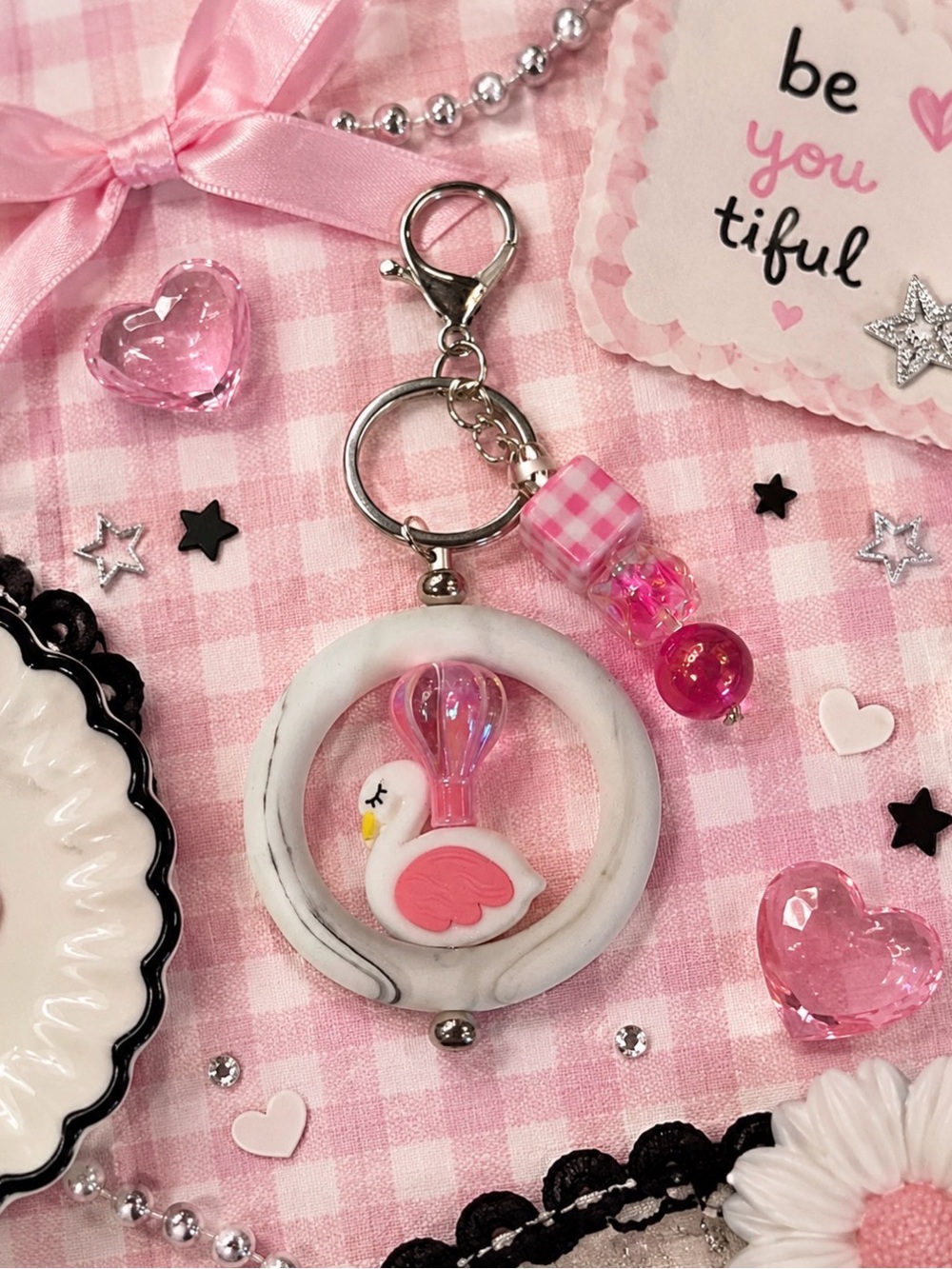 Handmade Pink Swan Ring Keychain